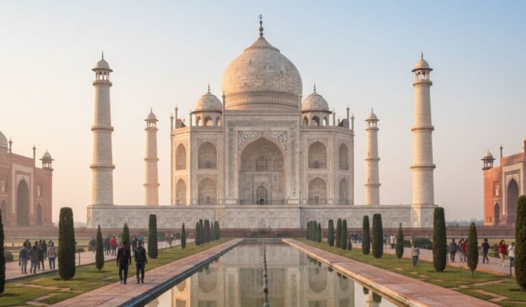 Sunrise view of the Taj Mahal during an affordable Agra tour package with Taj Mahal entry included, perfect for budget Agra sightseeing.