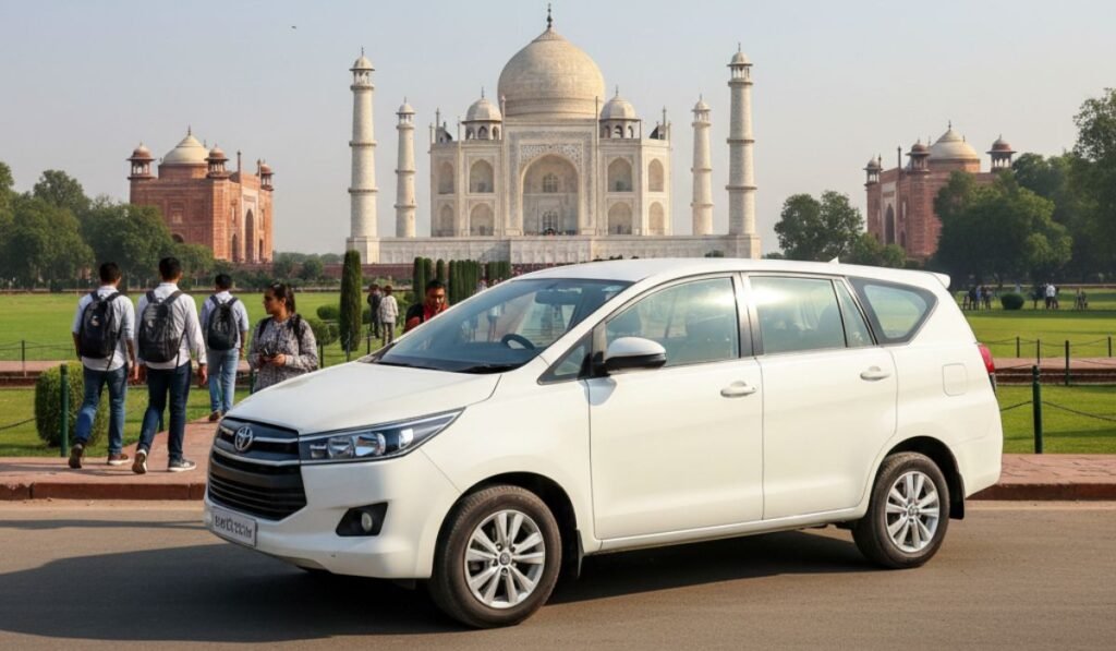 AC tourist car for budget-friendly Agra tour package with Taj Mahal entry included, ideal for affordable Agra sightseeing.