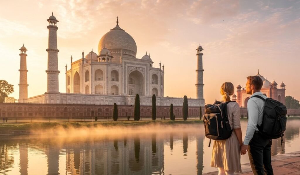 Same Day Taj Mahal Tour at sunrise with tourists viewing the monument in Agra