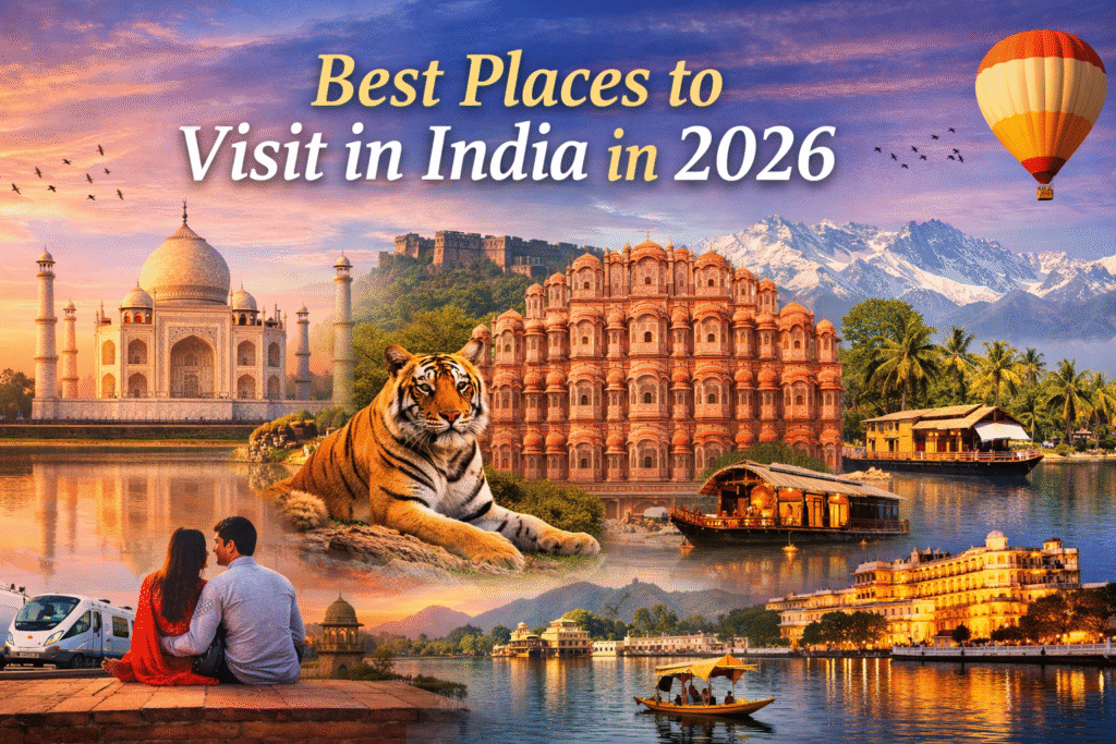 Best Places to Visit in India in 2026 featuring Taj Mahal Agra, Hawa Mahal Jaipur, Ranthambore tiger safari, Kashmir mountains and Kerala houseboat travel destinations