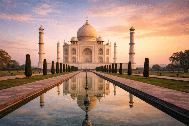 Taj Mahal marvel of Mughal architecture sunrise view with reflection in water Agra India